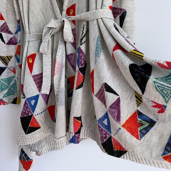 Desigual Asymmetric Open Knit Long Cardigan Colorful Geometric Belt Sweater Sz M - Picture 4 of 12